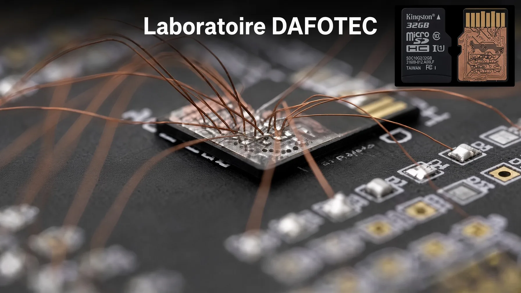 Micro-soudures « spider web » sur monolithe microSD au laboratoire Dafotec