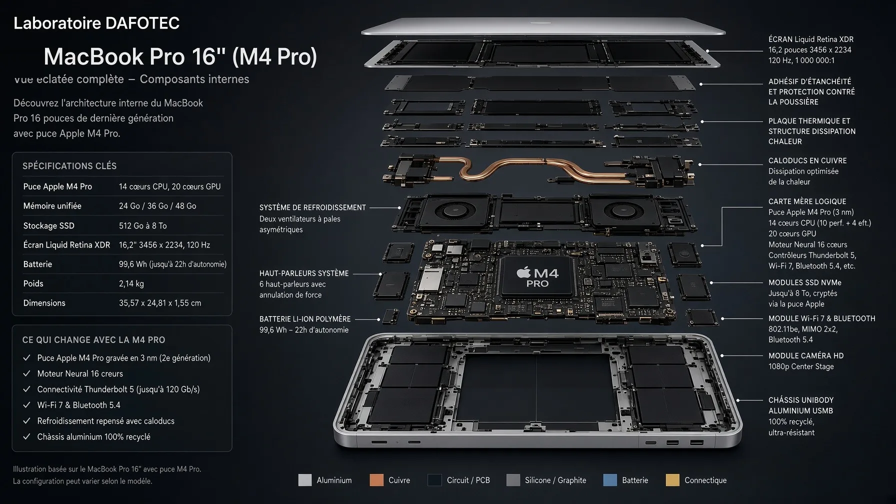Vue éclatée d'un MacBook Pro 16 pouces M4 Pro : écran Liquid Retina XDR, caloducs en cuivre, carte mère, modules SSD NVMe et châssis unibody — infographie Laboratoire Dafotec