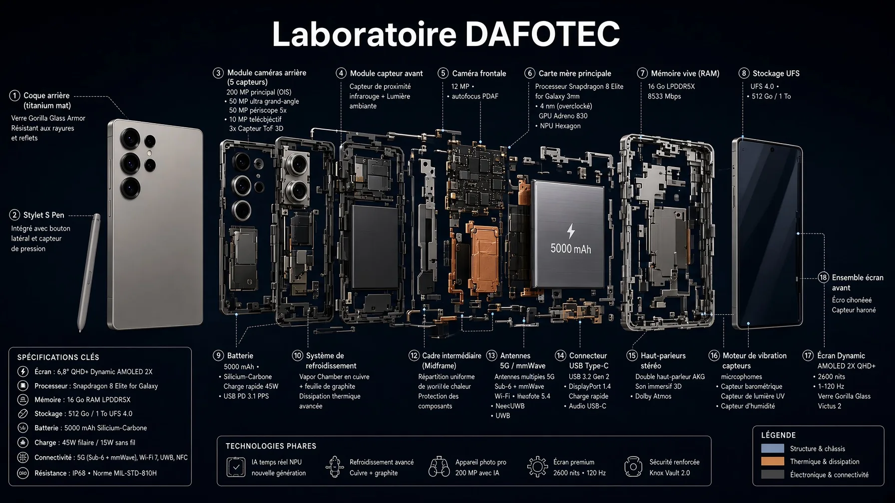 Vue éclatée d'un smartphone Android haut de gamme : modules caméras, carte mère, batterie 5000 mAh, châssis et écran AMOLED — infographie Laboratoire Dafotec