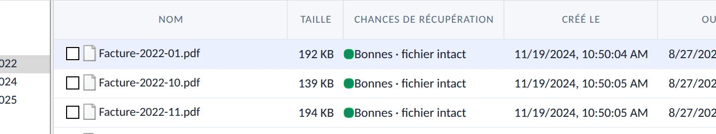 Détail de la Liste Témoin : pour chaque fichier, son nom, sa taille et son état, ici « Bonnes · fichier intact »