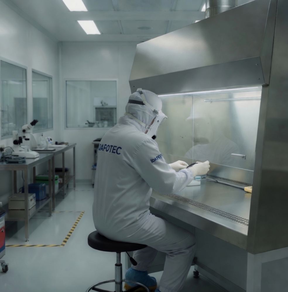 Technicien Dafotec en combinaison stérile manipulant un support de stockage sous hotte à flux laminaire, dans la salle blanche ISO 5 du laboratoire de récupération de données à Roubaix